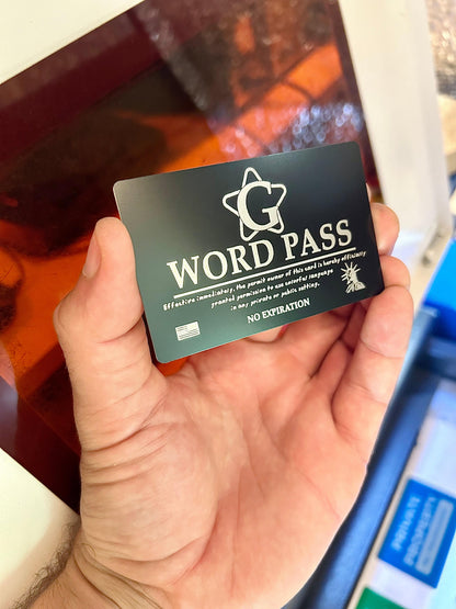 Laser engraved metal A B C D E F G H I J K L M N O P Q R S T U V W X Y Z word pass
