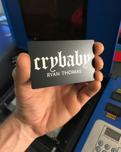 metal gag gift card with 'CRYBABY' and custom name engraving
