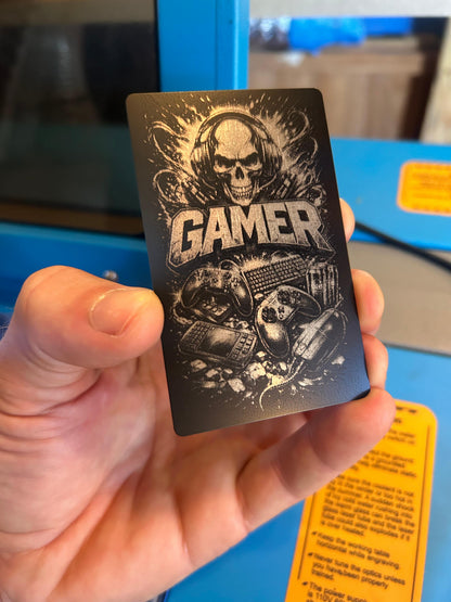 Metal gamer badge with video game engraving