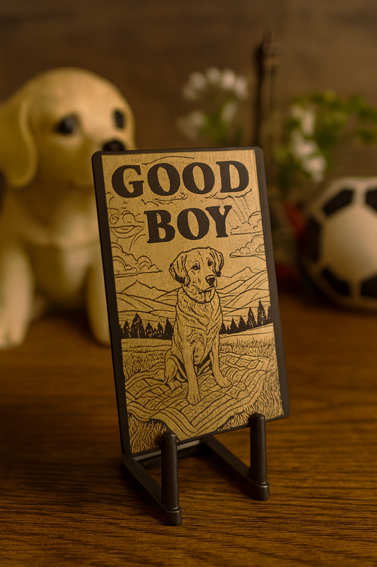 Decorative pet lover sign with 'Good Boy' text and a dog illustration on a stand, with a blurred background of a dog and soccer ball.
