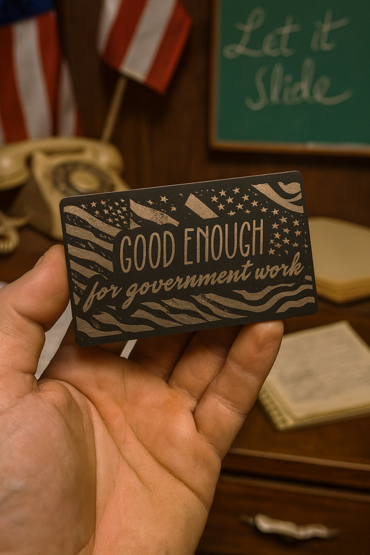 Hand holding a metal office humor prank card with 'Good Enough for Government Work' text in front of an American flag and other work site items.