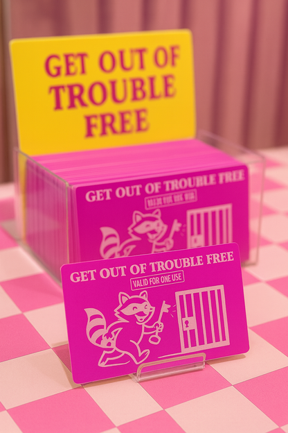 Rose gold and silver 'Get Out of Trouble Free' metal keepsake cards on a pink checkered background