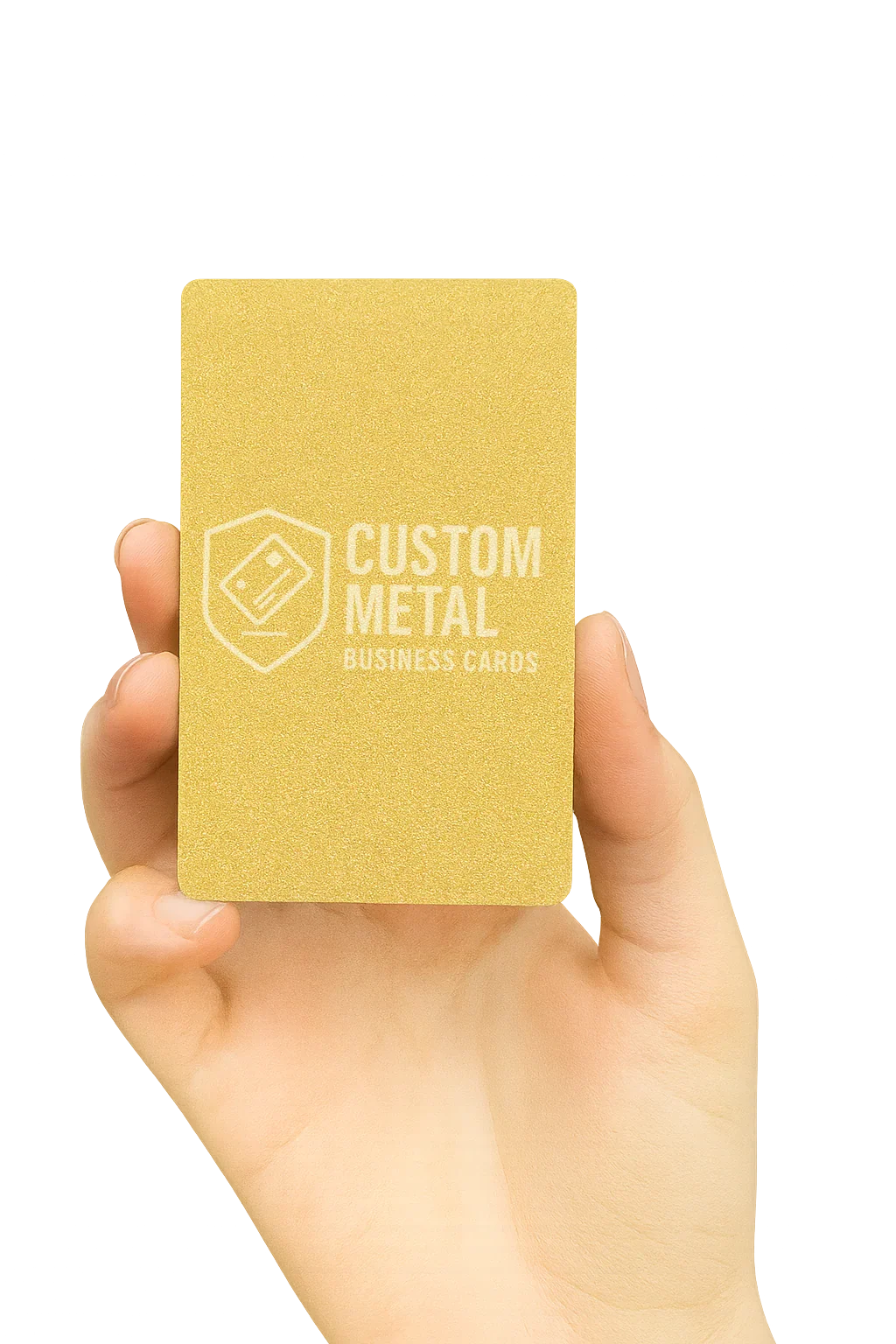 Hand holding a gold metal business card with 'Custom Metal Business Cards' text on a white background