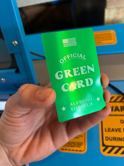 Metal green card politically incorrect gag gift with personalized name engraving