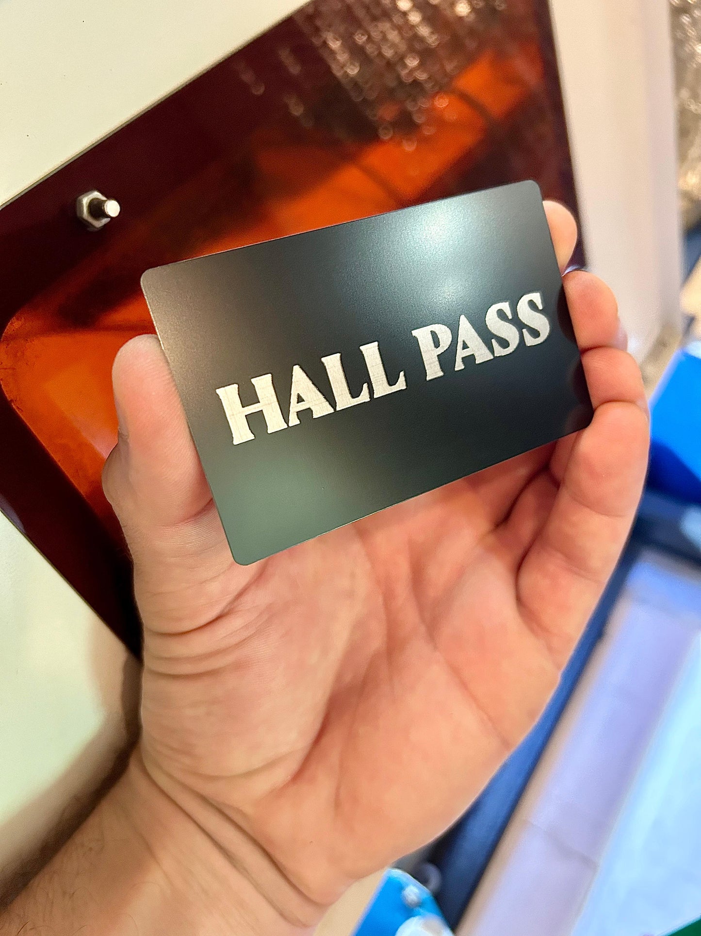Metal Hall Pass card in black/silver anodized aluminum