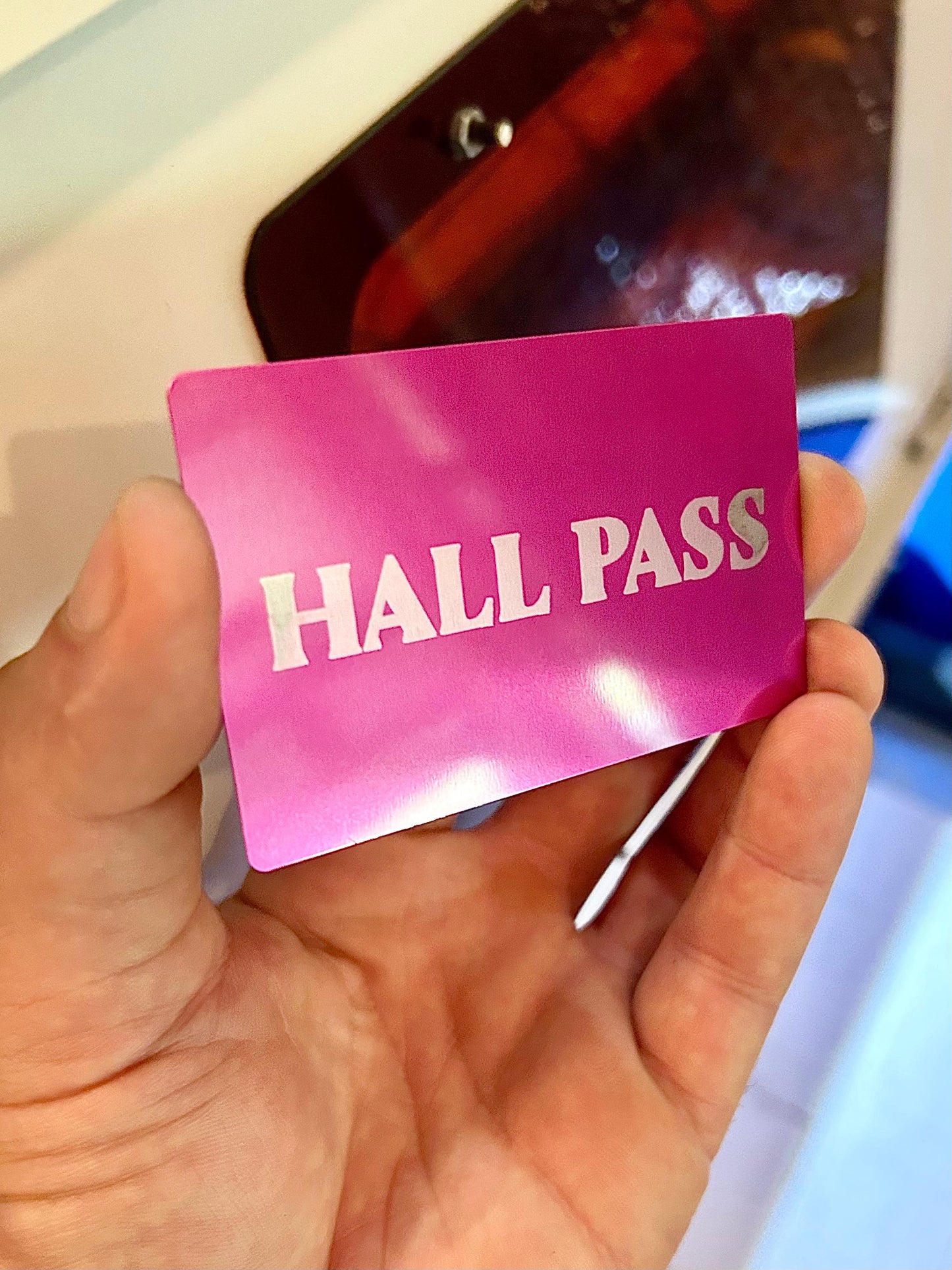 Purple/silver metal Hall Pass card laser engraved in anodized aluminum