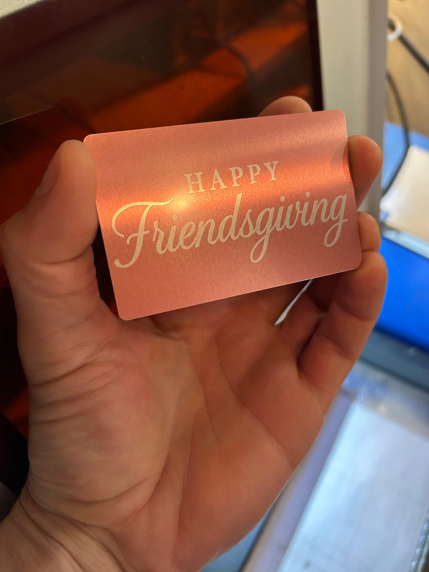 Metal Friendsiving card with typography engraving