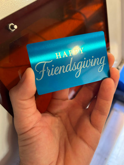 Metal happy friendsgiving card in blue/silver