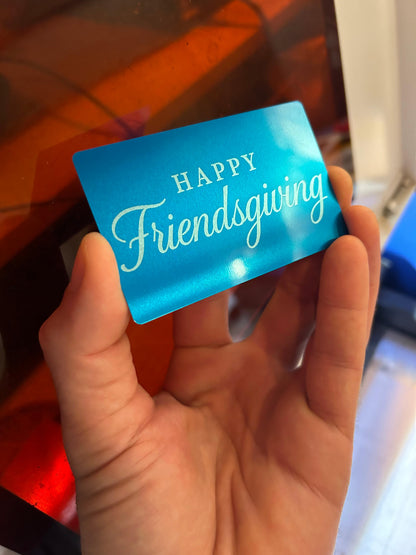 Metal happy friendsgiving card in blue/silver