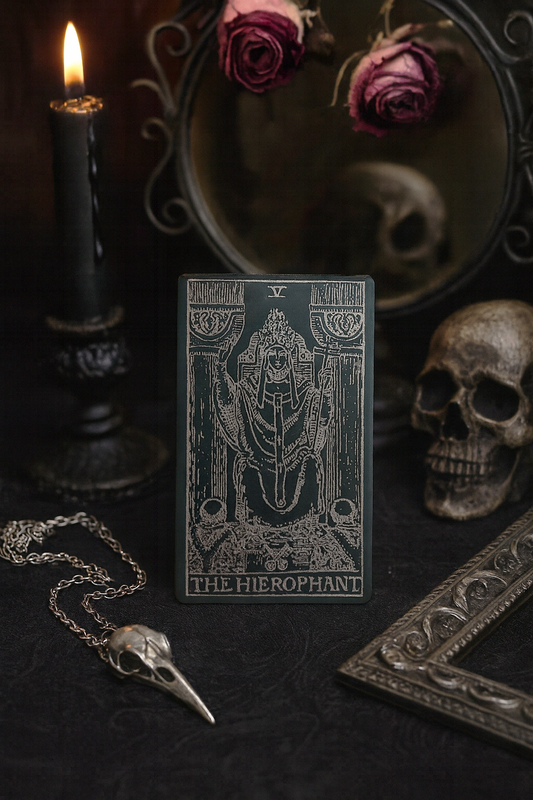 Metal laser engraved tarot card single, featuring 'The Hierophant' design from a tarot deck, surrounded by candles, roses, and a skull on a dark background.