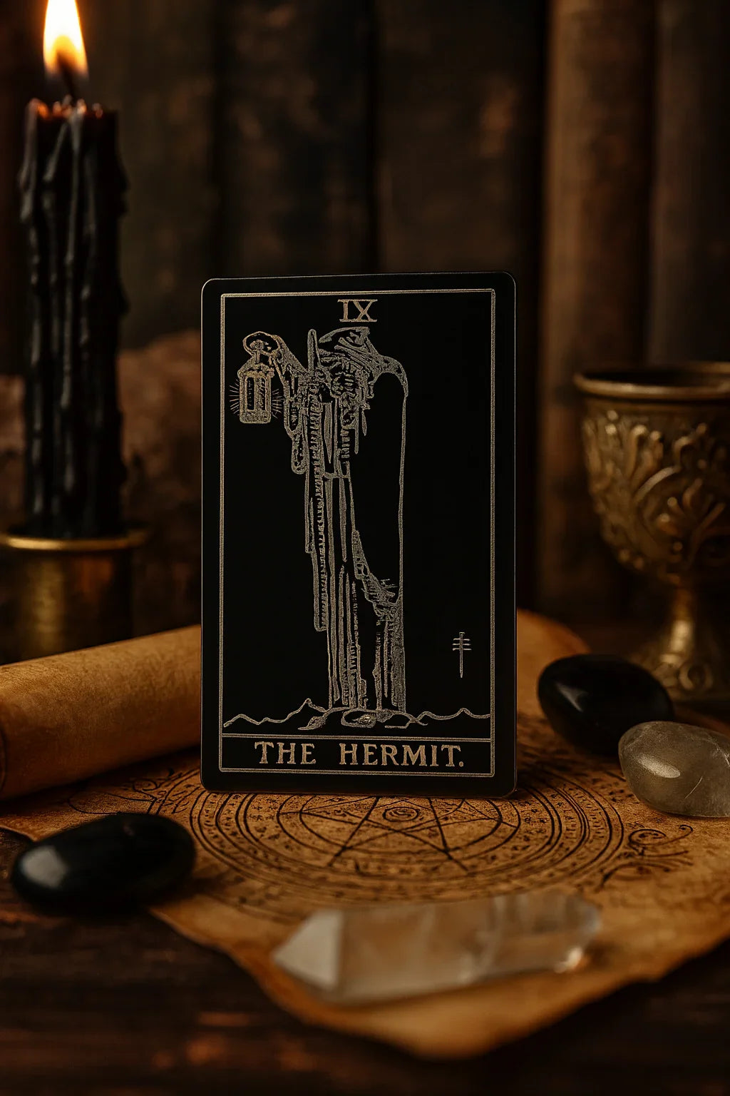 Metal Tarot card titled 'The Hermit' with mystical elements like candles and crystals on a dark background.