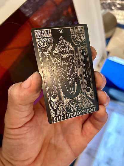 Laser engraved metal tarot card with The Hierophant artwork in black/silver anodized aluminum