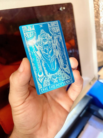 Metal The Hierophant laser engraved tarot card in blue/silver anodized aluminum