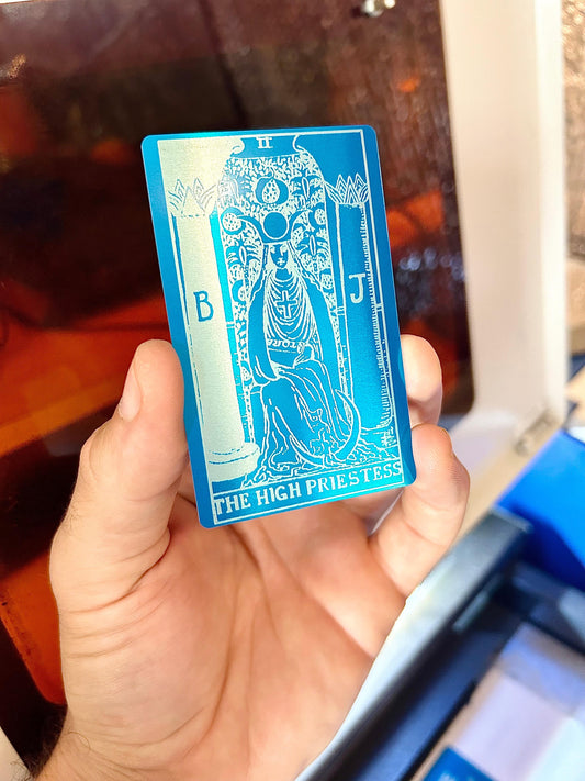 Metal The High Priestess tarot card laser engraved in blue/silver anodized aluminum