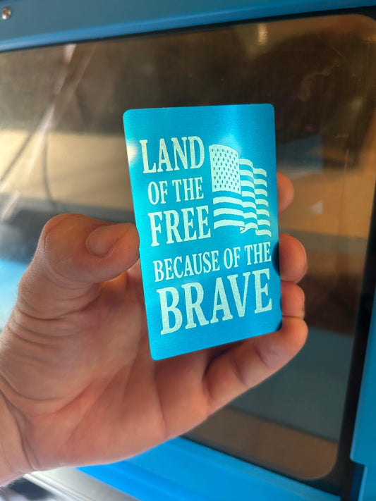Laser engraved home of the brave keepsake card in blue/silver