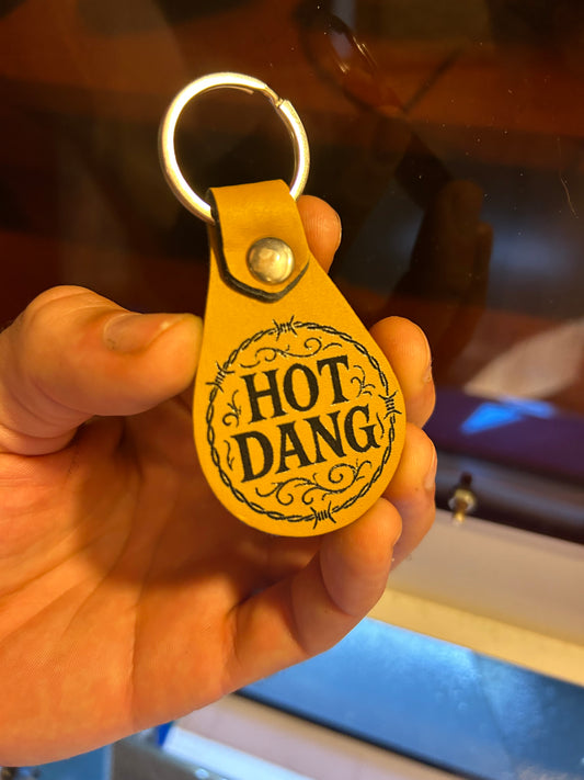 Leather laser engraved Hot dang! key fob