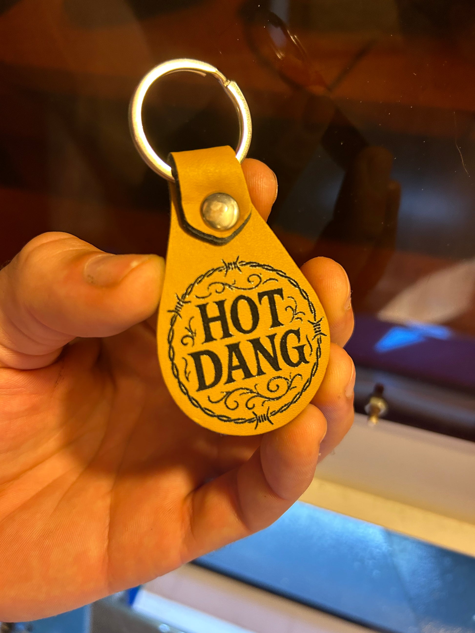 Leather laser engraved Hot dang! key fob