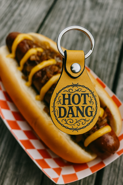 Leather key fob keychain with "Hot Dang" artwork