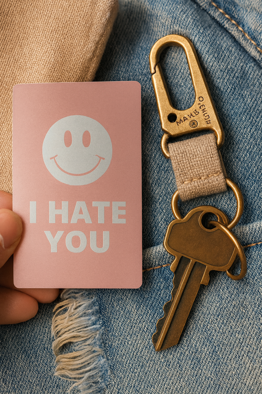 Pink card with 'I HATE YOU' text and smiley face, keychain with keys on denim fabric.