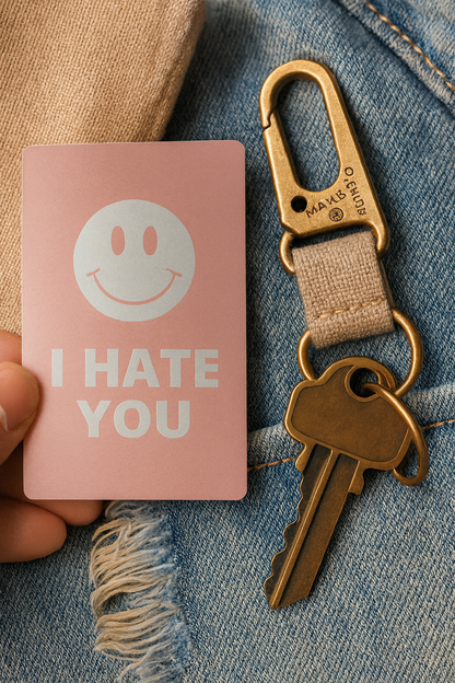 Pink card with 'I HATE YOU' text and smiley face, keychain with keys on denim fabric.