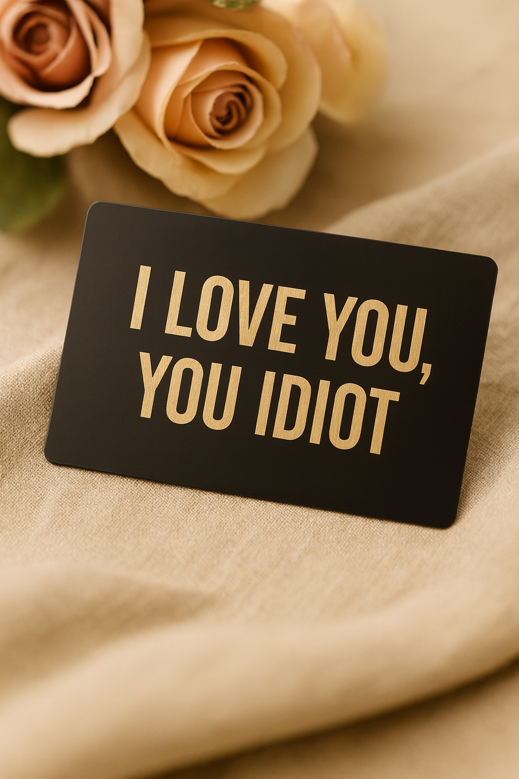 Laser engraved gift card with romantic message, I Love You, You Idiot