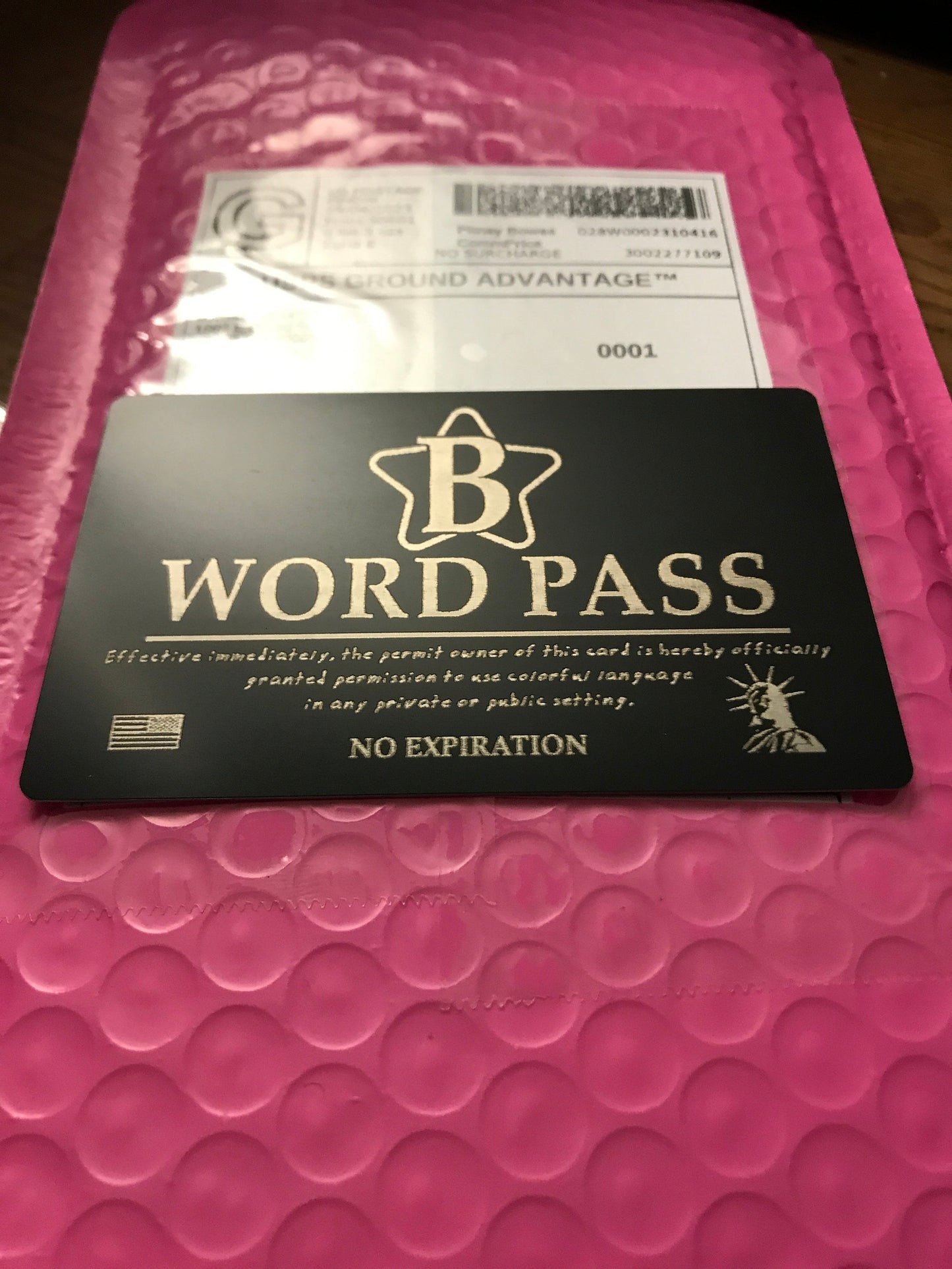 Custom Metal Word Pass Engraved Anodized Aluminum Fun Gag Gift