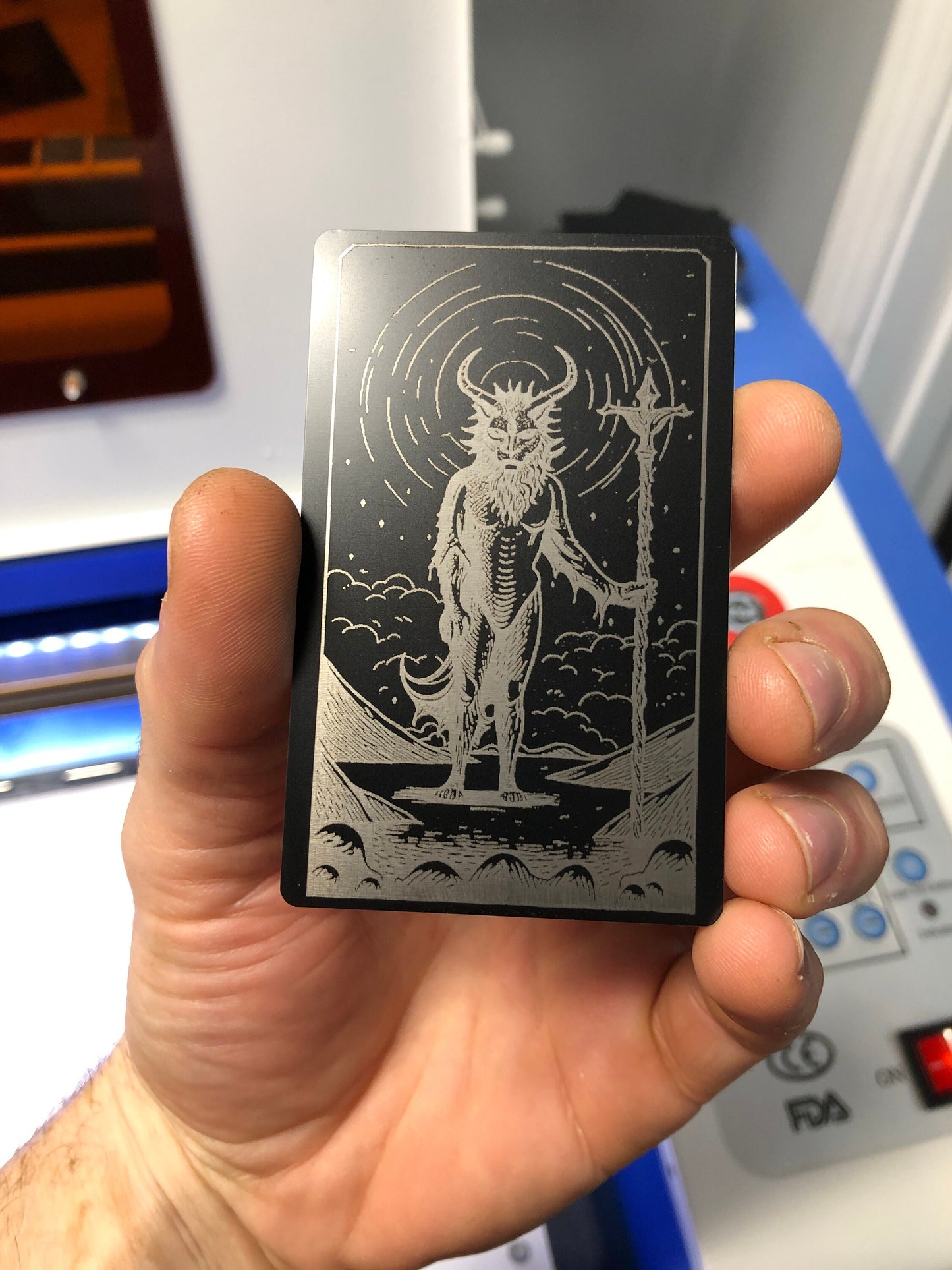 Spooky Devil Metal Engraving Gift, Surreal Gothic Illustration Evil Eerie Gatekeeper Demon Portal Anodized Aluminum Laser Engraved Giftcard