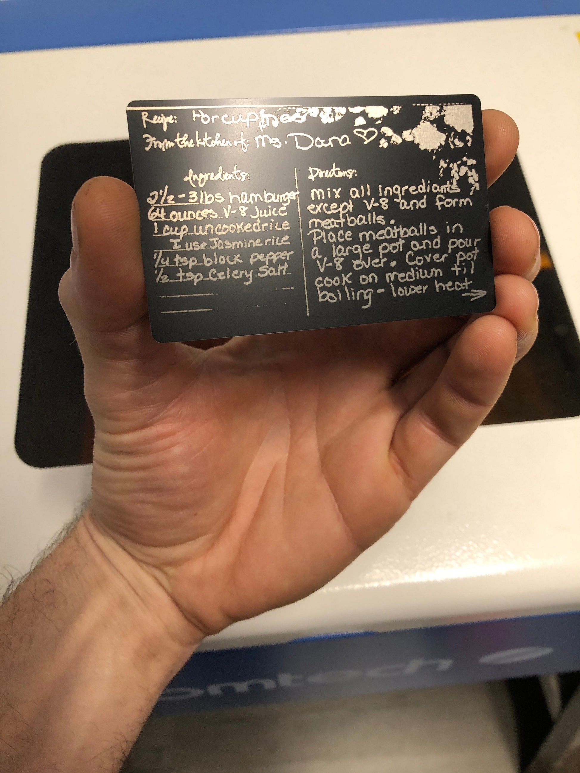 example of a metal family recipe card custom image engraved on matte black card