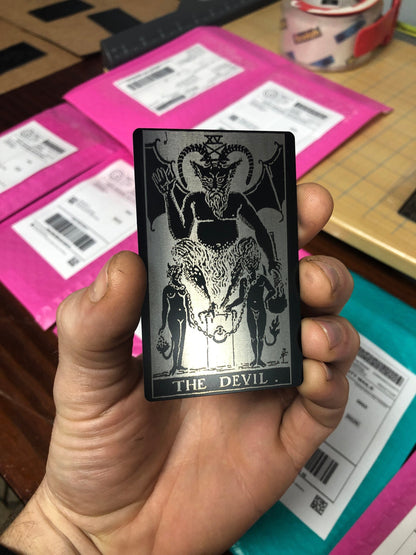 Metal "The Devil" Tarot Card Laser Engraved Keepsake | Surreal Spiritual Divination Tools Spooky Gift Card