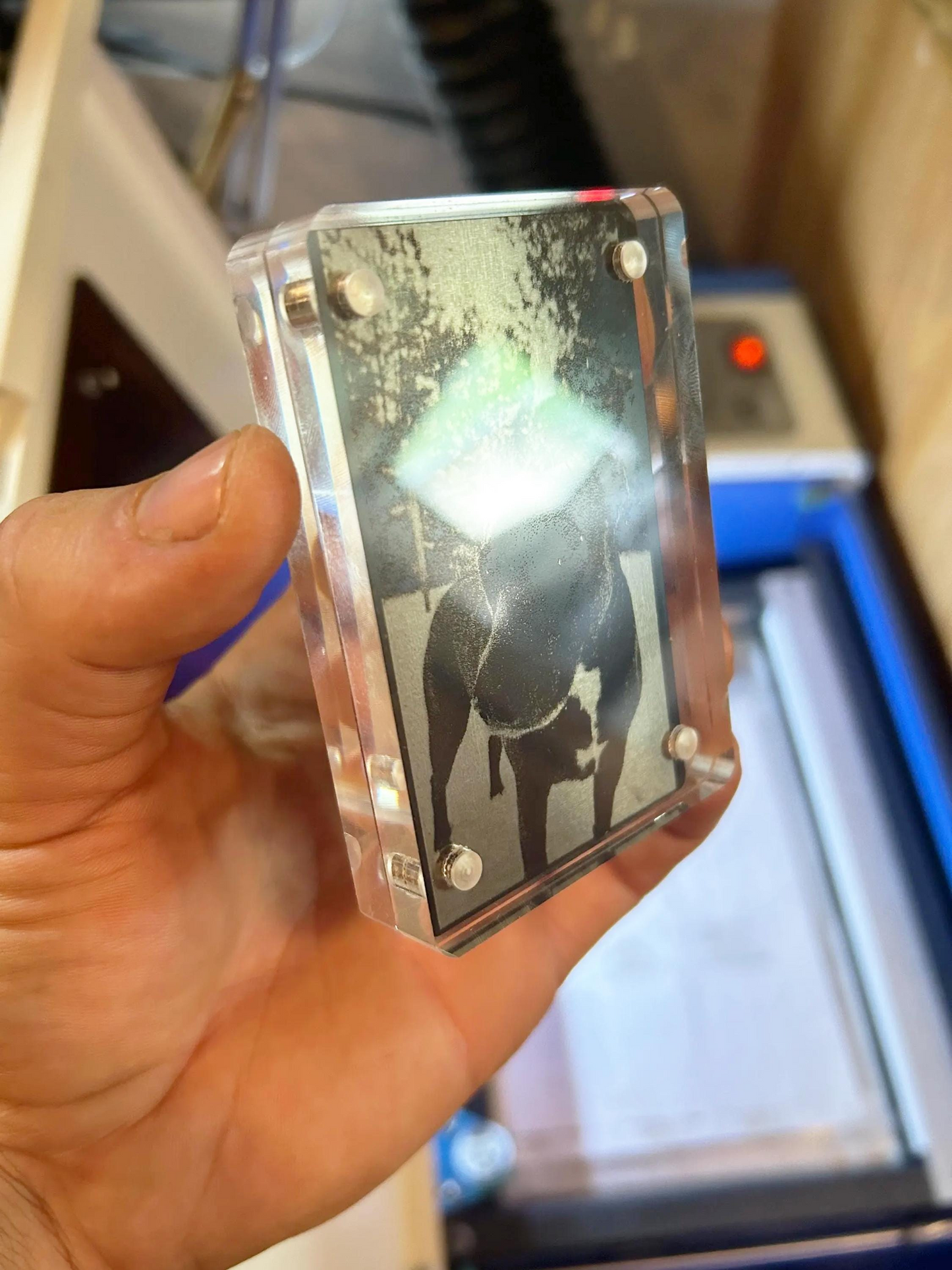 Hand holding a transparent rectangular acrylic display case with a black and white pet engraving as demonstration.