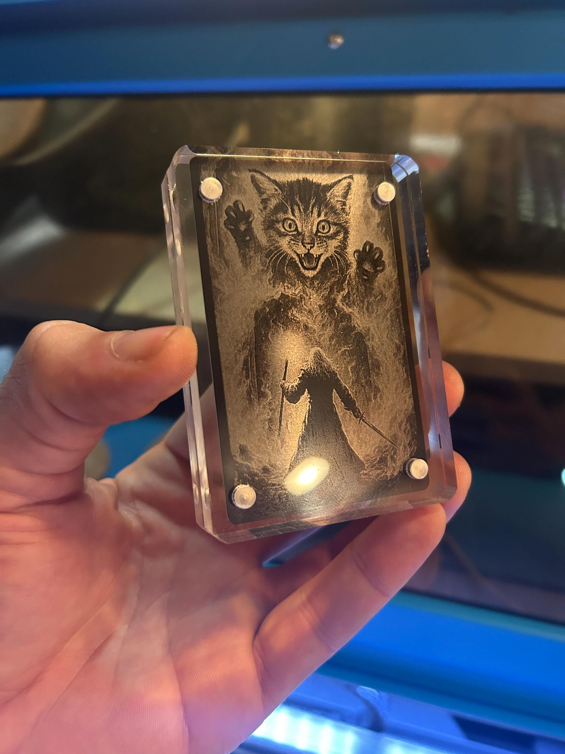Hand holding an acrylic display case with a engraved design of a gigantic cat and adventurer mage illustration, against a blurred background.