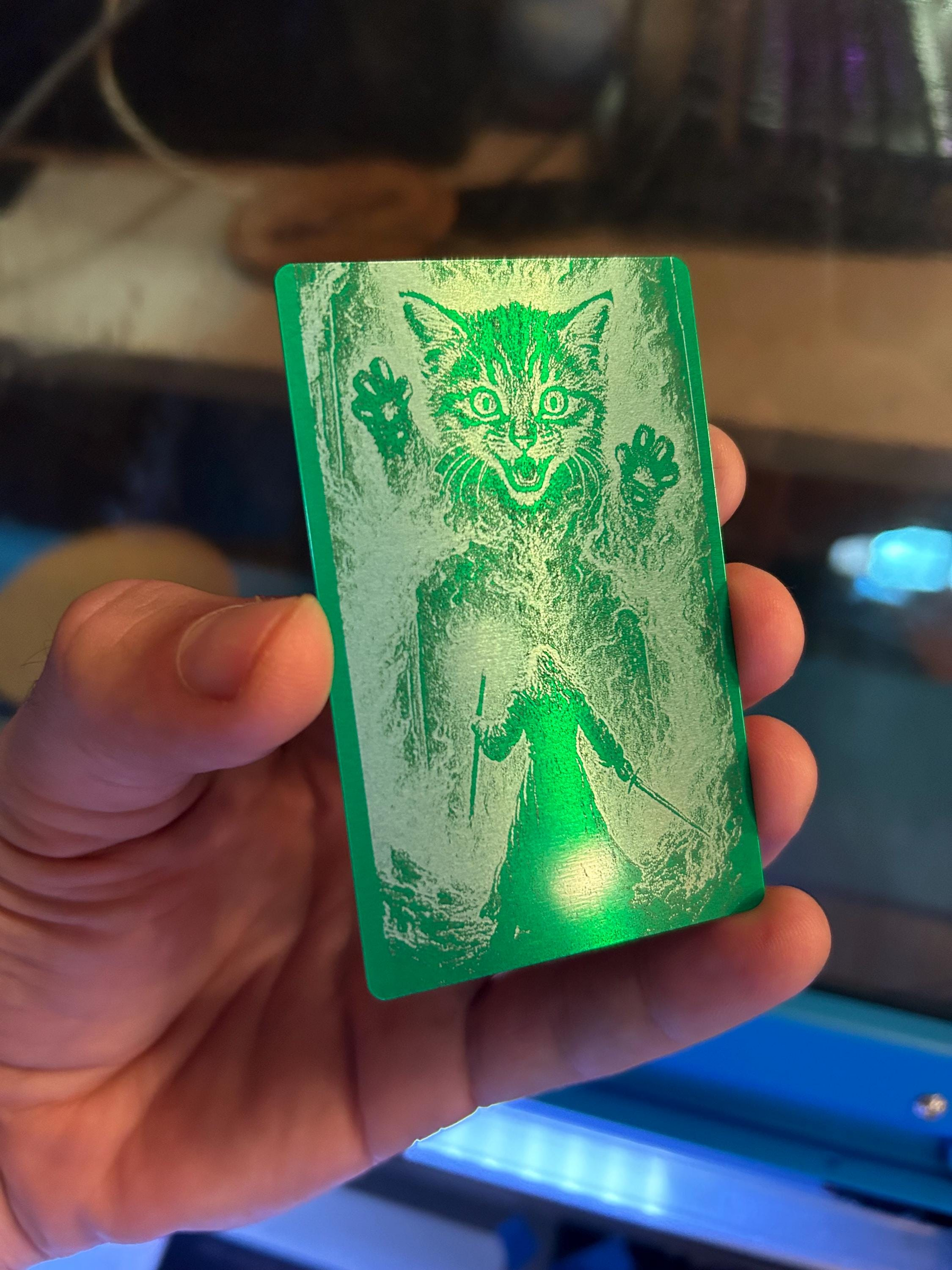 Hand holding a metal green and silver novelty gift card with a kitten and mage illustration against a blurred background