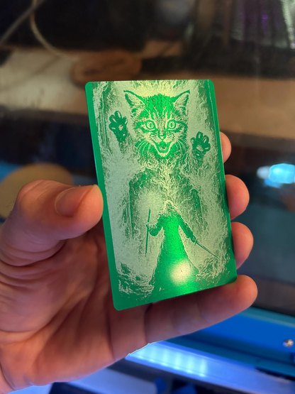 Hand holding a metal green and silver novelty gift card with a kitten and mage illustration against a blurred background