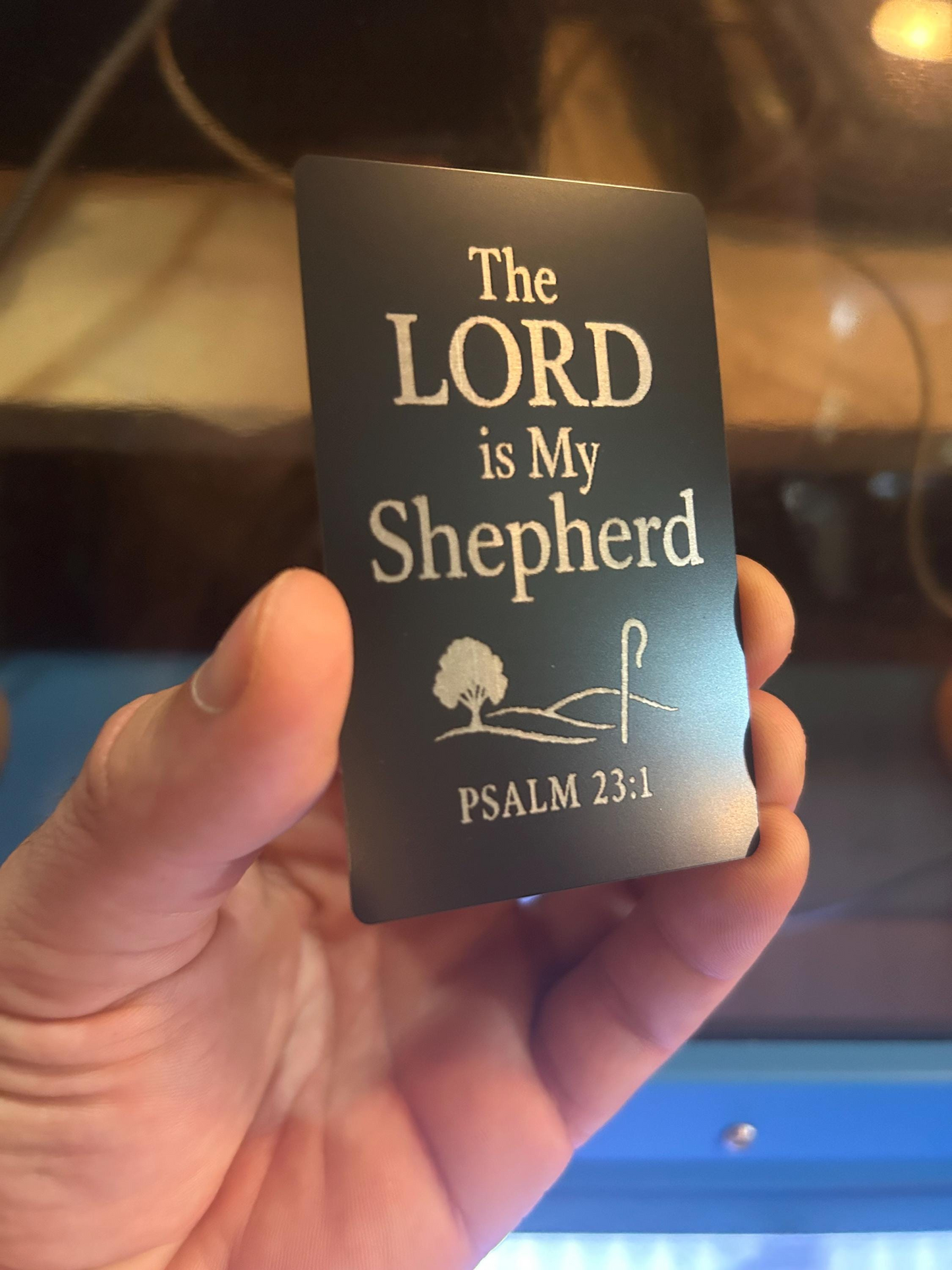 Metallic faith keepsake card engraved with “The LORD is My Shepherd” in silver on black anodized aluminum
