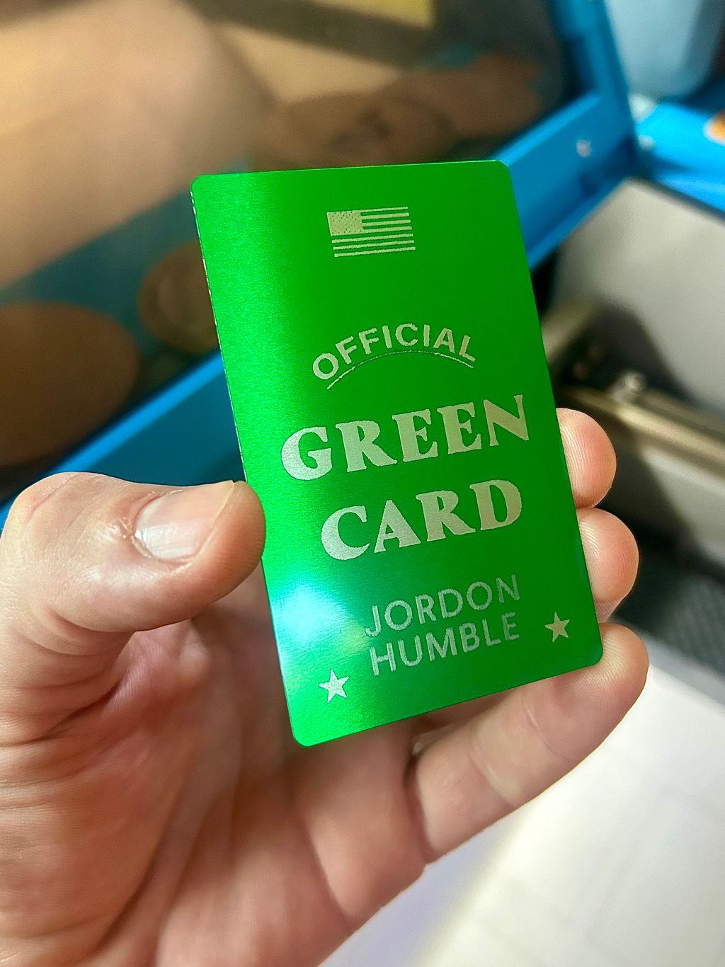 Metal gag gift card for friends and family "Official" Green card in green/silver anodized aluminum