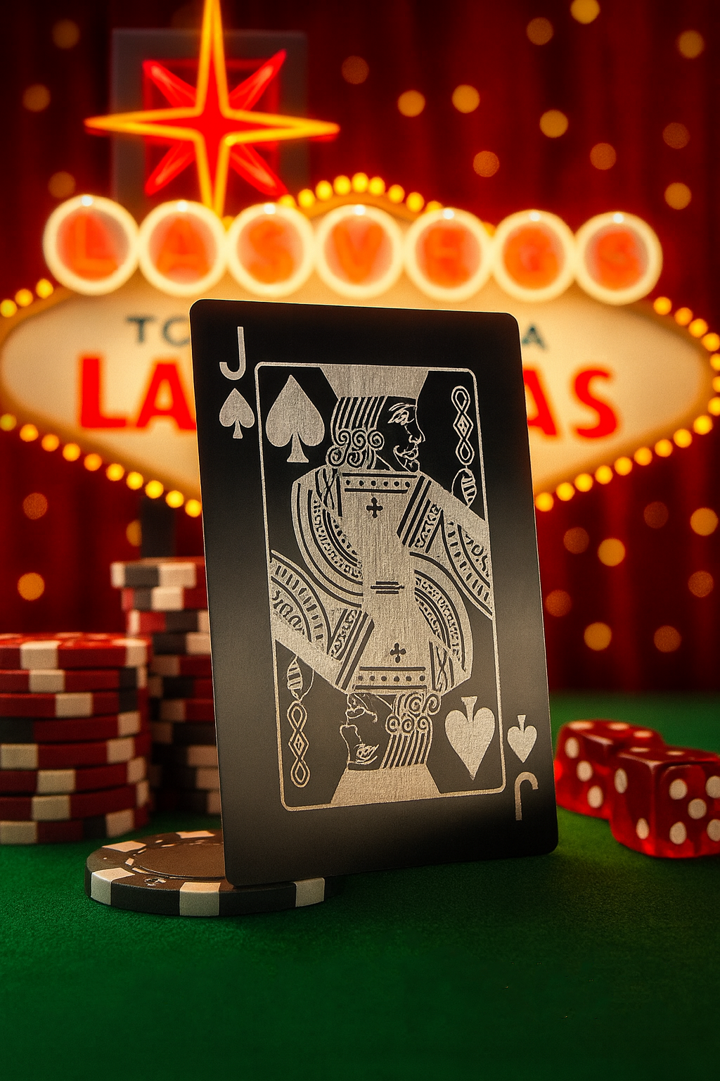 Metal Jack of Spades card, laser engraved in matte black/silver in front of a casino board