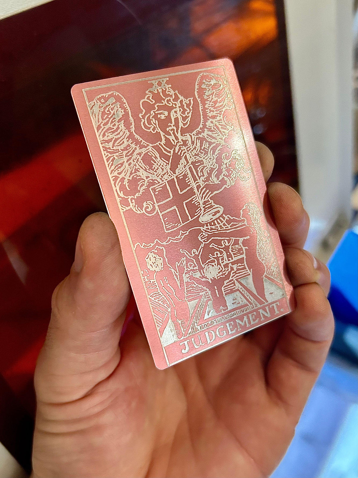 Laser engraved metal Judgement tarot card in rose gold/silver anodized aluminum