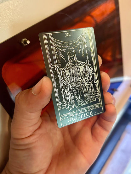 Metal Tarot Card with Justice artwork in black/silver anodized aluminum