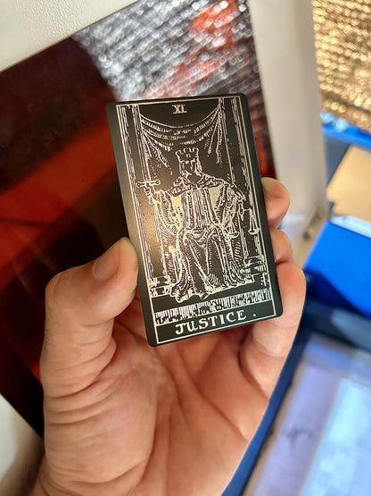 Metal Justice Tarot Card laser engraved in black/silver anodized aluminum