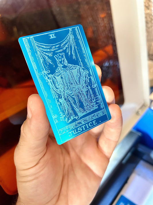 Metal Justice tarot card laser engraved in blue/silver anodized aluminum