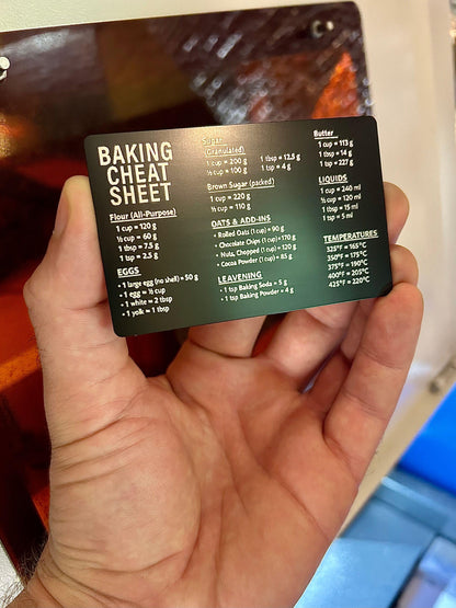 Laser engraved metal kitchen cheat sheet measuring card laser engraved in black/silver anodized aluminum