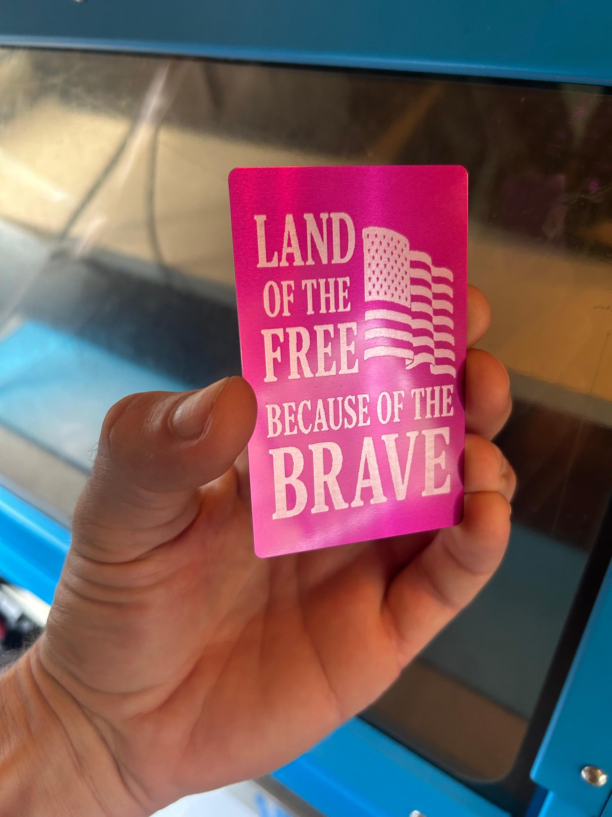 Land of the Free, Home of the Brave - laser engraved patriotic gift card in purple/silver