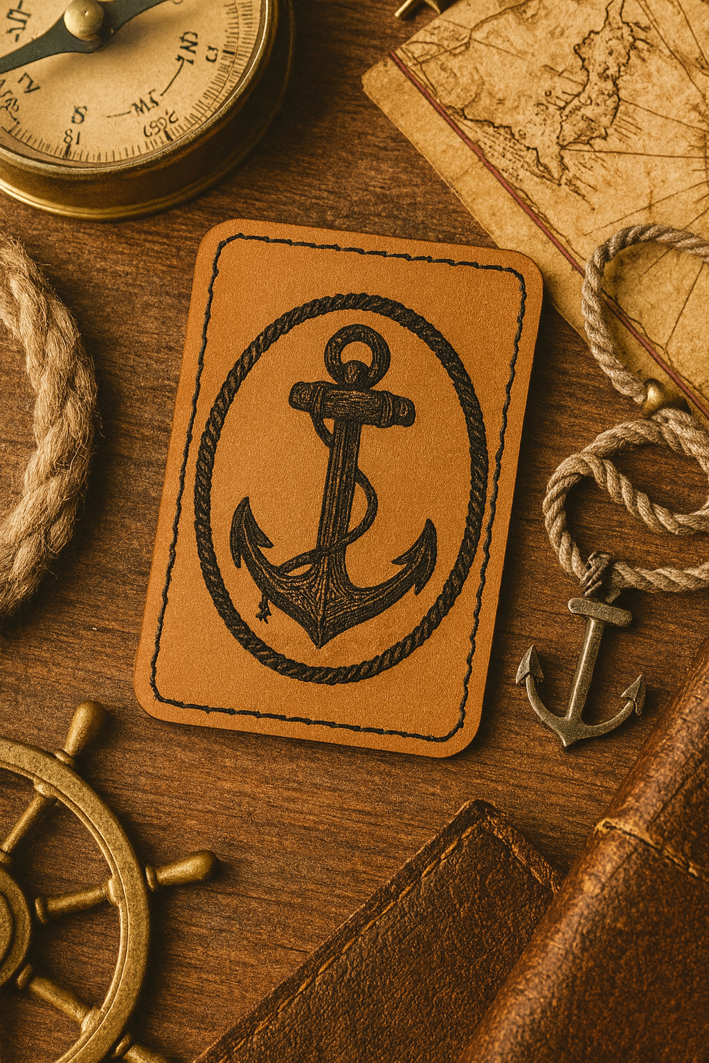 Leather anchor design laser engraved patch next to Nautical-themed items including a compass, anchor, and map on a wooden surface.