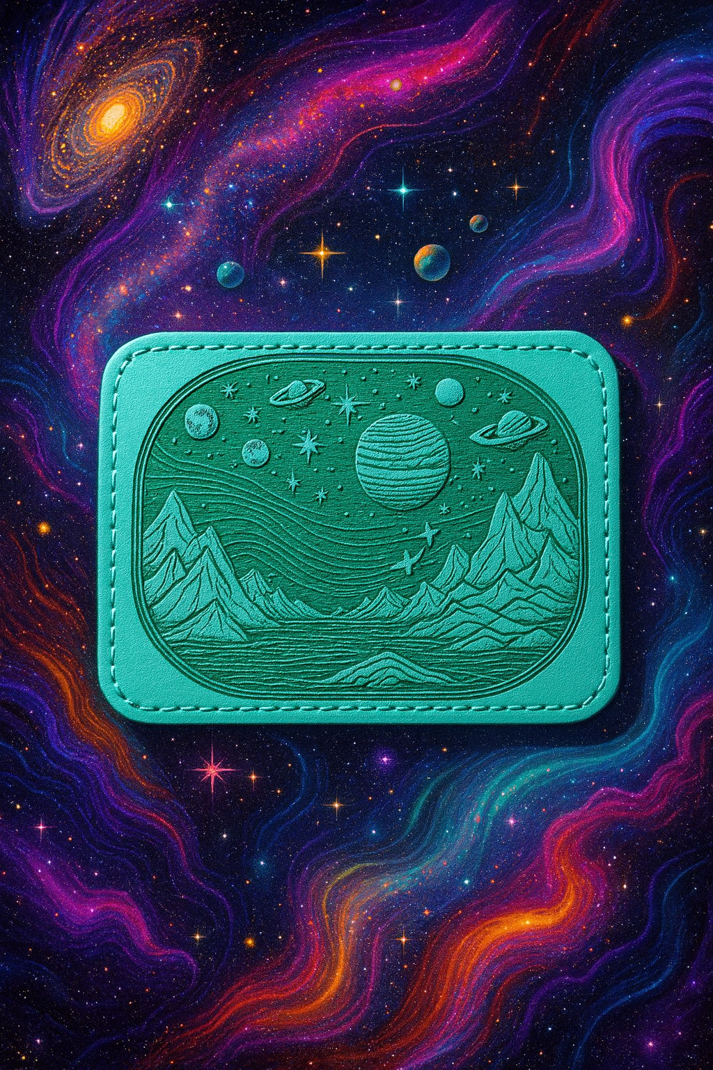 Teal leather patch with surreal space design on a cosmic background
