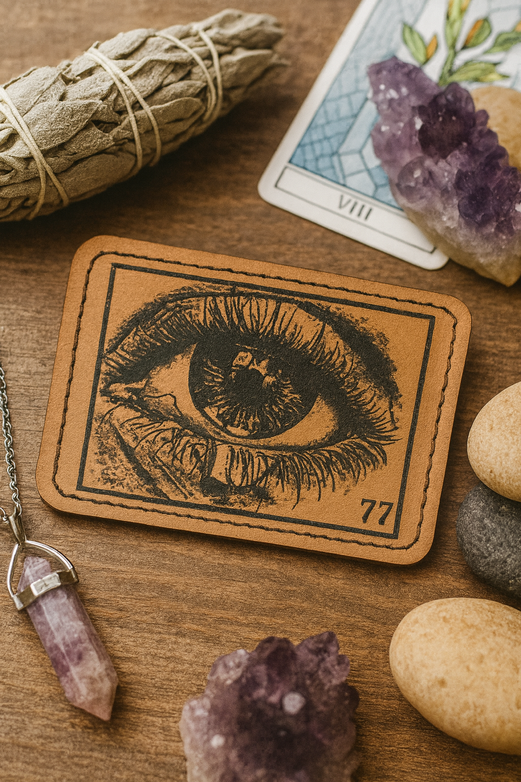 Brown leather eyeball illustration patch, leather burning artwork with crystals and sage and angel number 77 on table