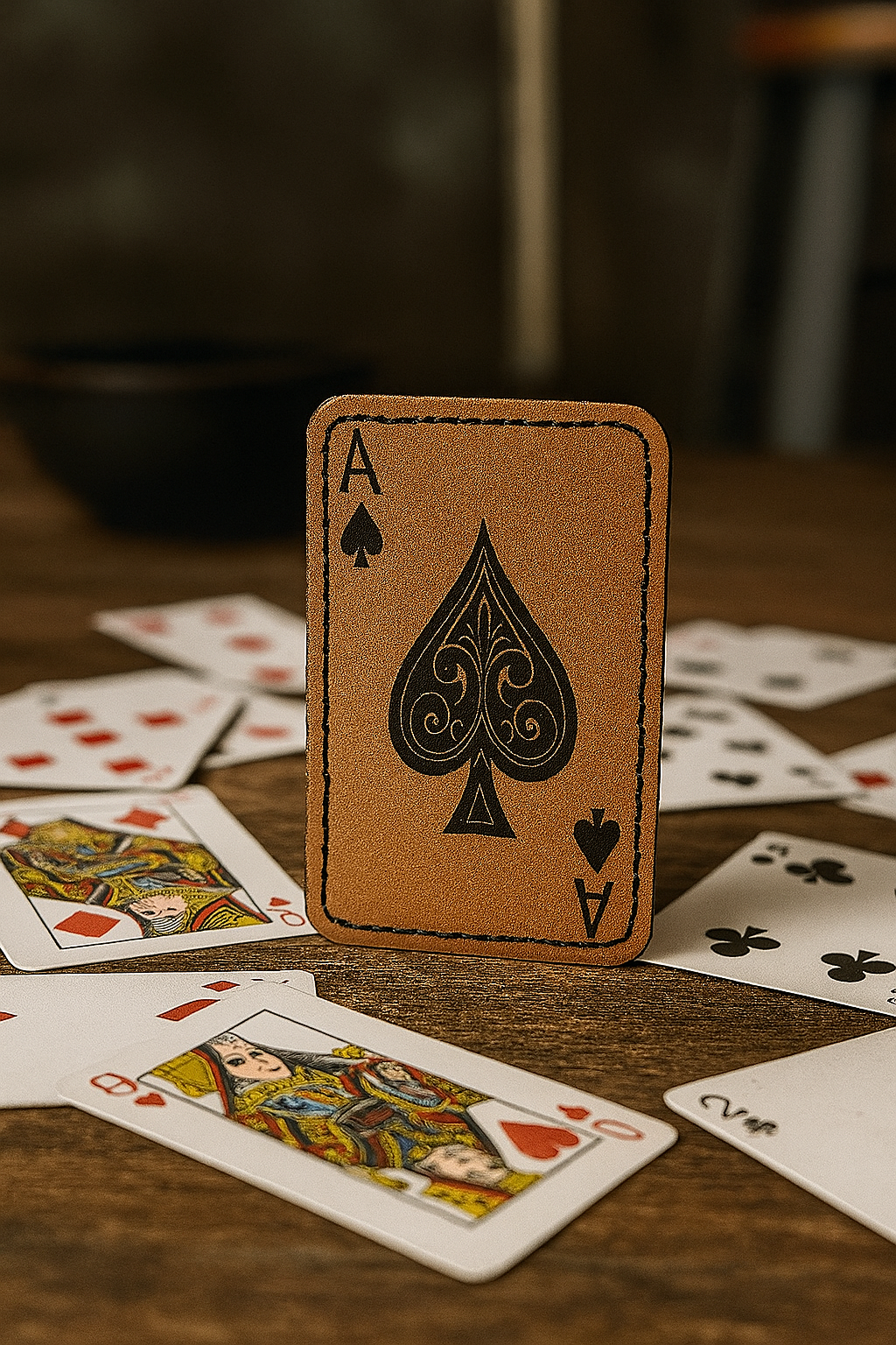 Leather ace of spades heat transfer patch on game table with poker cards