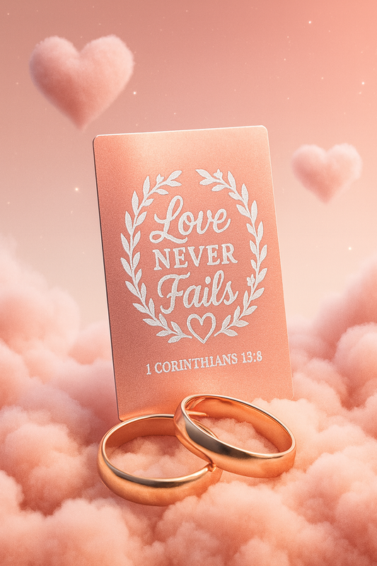 Two gold rings on a pink stand with 'Love Never Fails' text, with 1 Corinthians 13:8 bible verse reference, surrounded by hearts.