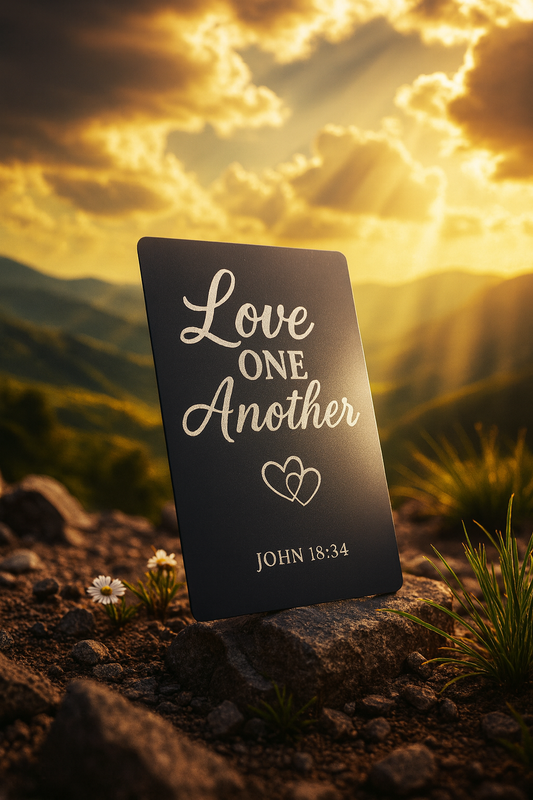 Black plaque with 'Love ONE Another' text and John 18:34 bible verse reference against a sunset mountain backdrop