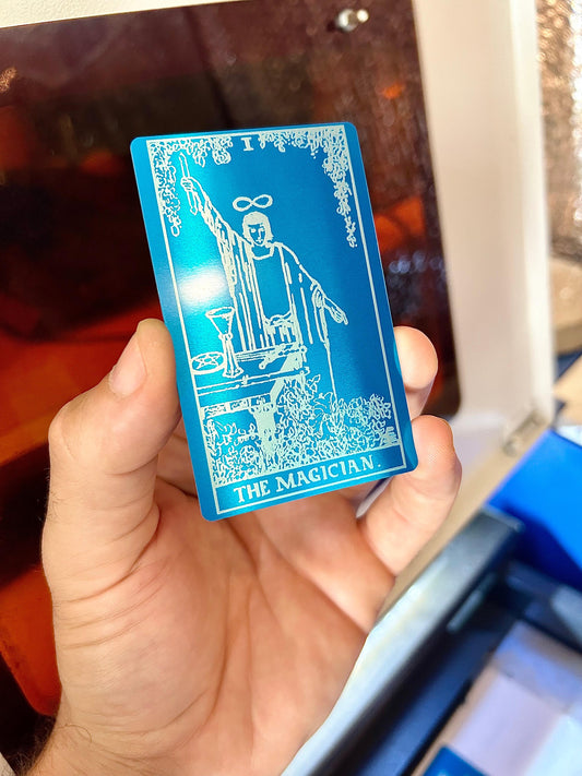 metal The Magician tarot card laser engraved in blue/silver anodized aluminum