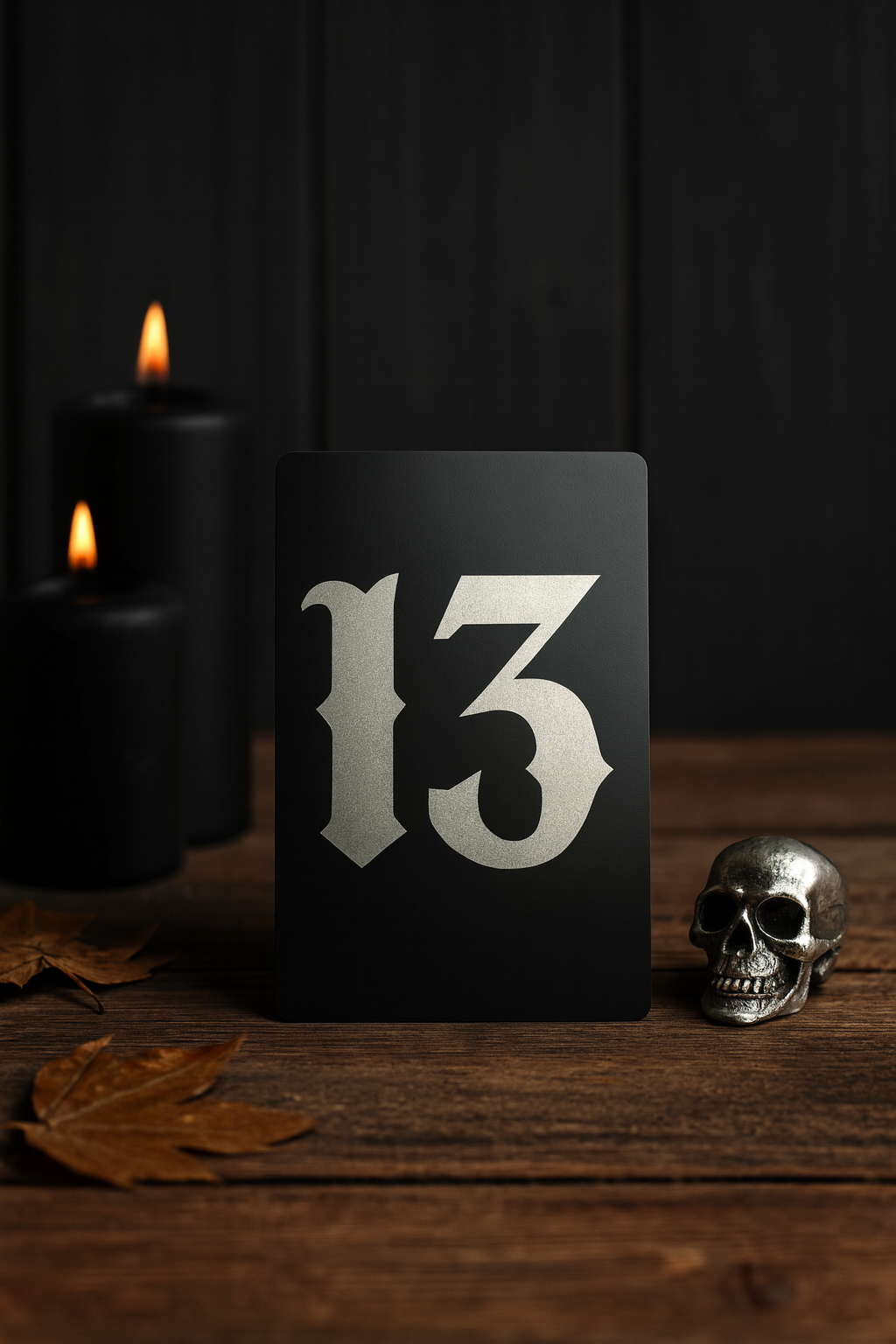Black laser engraved anodized aluminum keepsake with the number 13 in silver, placed on a wooden surface with candles and a skull.